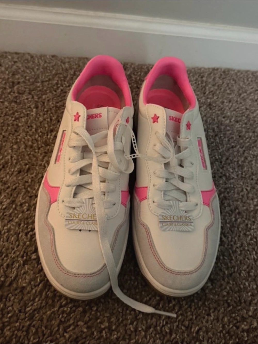 Skechers White and Pink Women's Lace-Up Sneakers